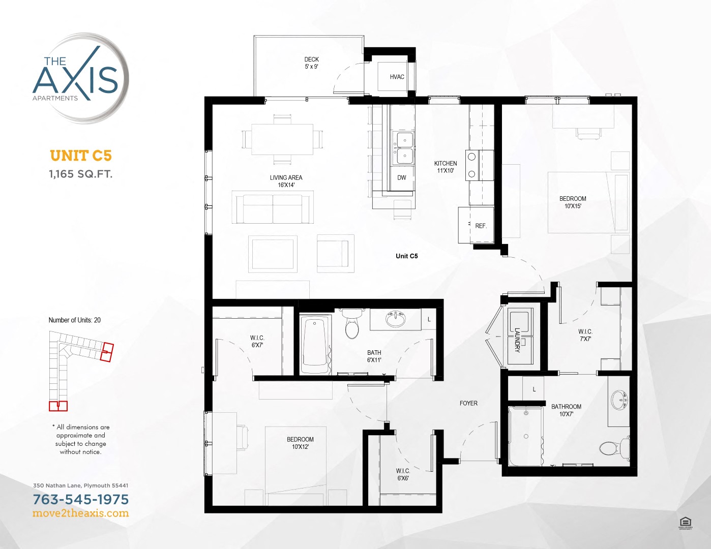 Floor plan for 2 beds, 2 baths, 1165 sqft
